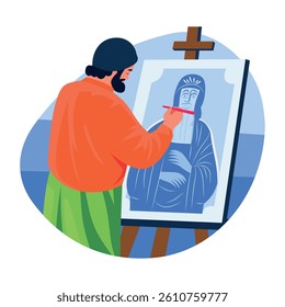 A flat style illustration of a painter making a canvas art