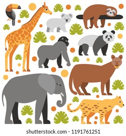 Flat style illustration with Panda, Toucan, Koala, Giraffe, Elephant and other types of tropical animals. Vector set of Tropical animals with flowers and leaves.