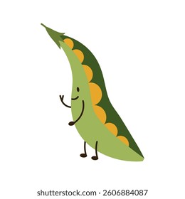 Flat style illustration of pea wth happy face, ideal for healthy eating, cooking projects, and vegetable-inspired designs.