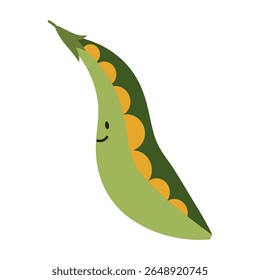 Flat style illustration of pea wth happy face, ideal for healthy eating, cooking projects, and vegetable-inspired designs