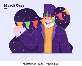 Flat style illustration of people celebrate Mardi Gras with wear a mask or masquerade and hat, Mardi Gras carnival celebration at 16 February 2021, Mardi Gras Festive parade, People Enjoy Party.