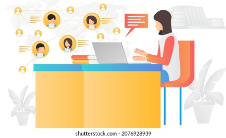 Flat style illustration of people discussing online all over the world