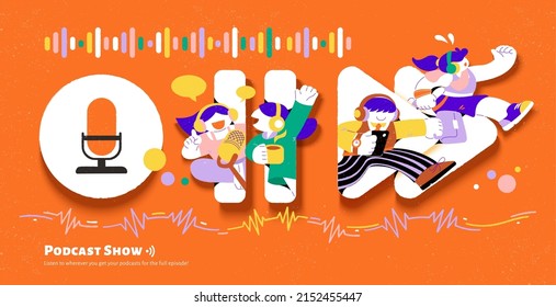 Flat style illustration of people listening to podcast with headphone in record, pause and forward button signs .