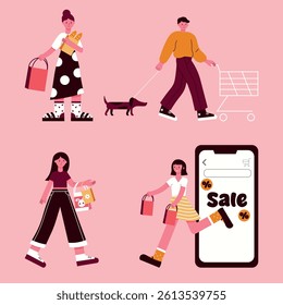 Flat style illustration of people shopping in different settings including grocery, fashion, and online sale, ideal for marketing, retail, and consumer lifestyle projects.