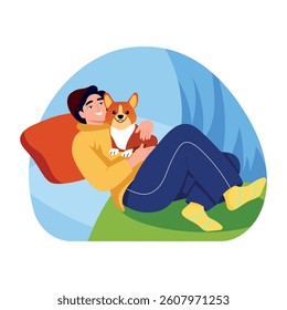 A flat style illustration of a pet owner with his cut dog