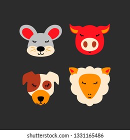 Flat style illustration with pig, mouse, lamb, dogCartoon vector set of animals