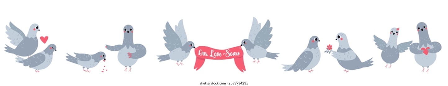 Flat style illustration of pigeons in love with romantic elements, featuring hearts, flowers, and a love banner, perfect for Valentine's Day, wedding invitations, and romantic-themed designs.