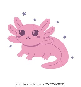 Flat style illustration of a pink axolotl with adorable features and delicate gills, perfect for aquatic-themed designs, children's projects, and playful animal decorations.