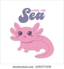 Flat style illustration of a pink axolotl with adorable features and delicate gills with lettering 