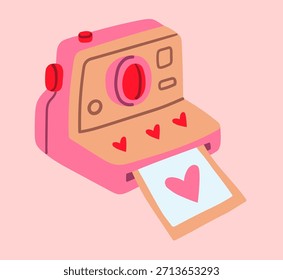 Ilustración de estilo plano de la cámara instantánea rosa que imprime una foto del corazón, decorada con corazones rojos diminutos, perfecto para tarjetas del día de San Valentín, historias de amor y gráficos románticos de redes sociales.