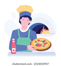 A flat style illustration of pizza baking in an oven 