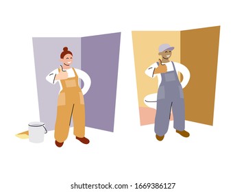 Flat style illustration of a plumber man and repair worker woman happy smiling on a background of their works.