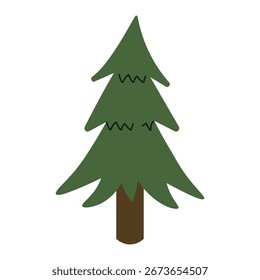 Flache Illustration eines spitzen Fichtenbaums mit langen gekrümmten Ästen und dunklem Stamm, ideal für Winterdekorationen, Waldszenen und saisonale Kreativprojekte
