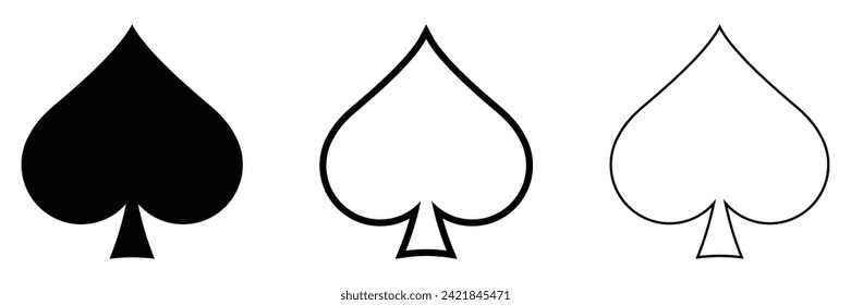 Flat style illustration of Poker playing card suit of Spades black symbol isolated. Vector icon set. Poker, card game, casino symbol.