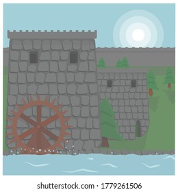 Flat style illustration, postcard with white frame depicting the middle ages, Sun peaking over stone wall castle tower with water mill, river and trees,
