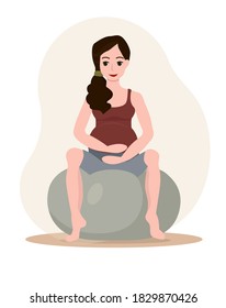 Flat style illustration. Pregnant woman doing exercises with fitness ball. The concept of a healthy pregnancy and sports.