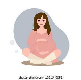 Flat style illustration. Pregnant woman sitting cross-legged. She touching her pregnant belly with her hands. The woman is very beautiful, she wearing a pink dress and looks happy.