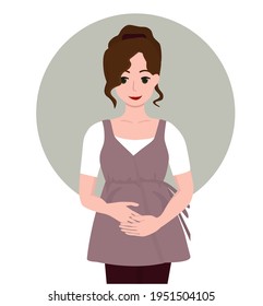 Flat style illustration. Pregnant young woman touching her belly. Woman has curly hair that she gathered with a ponytail. She wears a white T-shirt and a purple tunic.