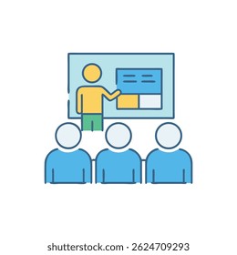 Uma ilustração de estilo plano de um apresentador treinando alunos com um quadro de apresentação.