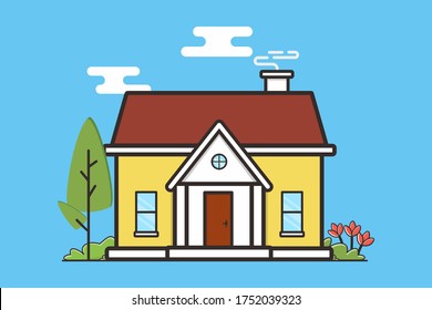 flat style illustration of a privat living house with tree and flower