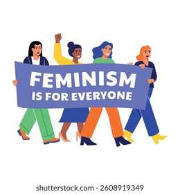A flat style illustration of protesting women showing a demonstration