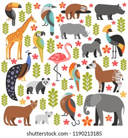 Flat style illustration with Puma, Panda, Koala, Giraffe, Elephant, Toucan, Peacock, Bird of Paradise, Flamingo and other types of tropical animals and birds. Vector set of Tropical animals and birds