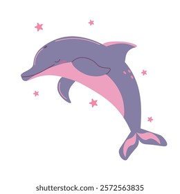 Flat style illustration of a purple and pink dolphin with closed eyes, surrounded by small stars, ideal for ocean-themed designs, marine projects, and children’s artwork.