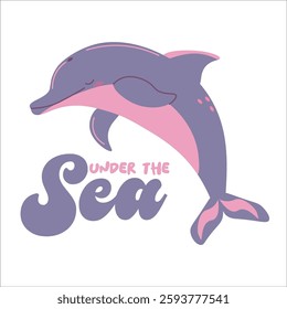 Flat style illustration of a purple and pink dolphin with closed eyes, surrounded by small stars, with lettering