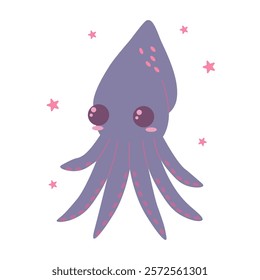 Flat style illustration of a purple squid with playful expressions and delicate details, ideal for marine-themed designs, educational materials, and whimsical ocean-inspired projects