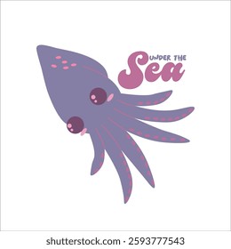 Flat style illustration of a purple squid with playful expressions and delicate details with lettering