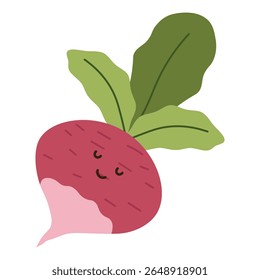 Flat style illustration of a radish with happy face, ideal for healthy eating, cooking projects, and vegetable-inspired designs