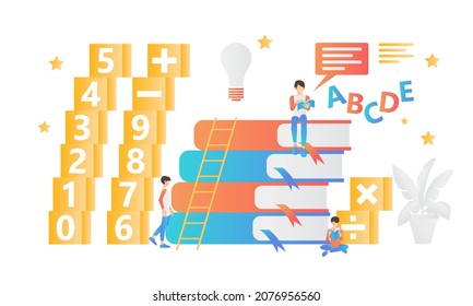 Flache Illustration des Lesens eines Buches auf einem Stapel von Büchern