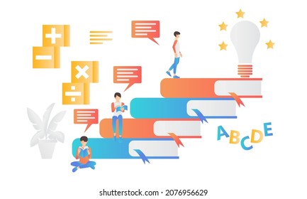 Flat style illustration of reading a book on a pile of books