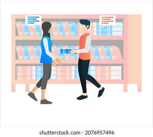 Flat style illustration reading a book in the library