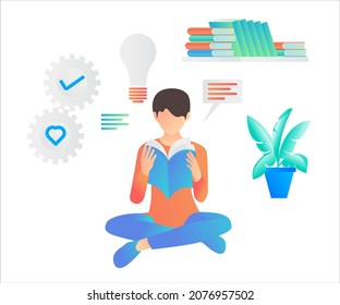 Flat style illustration reading a book in the library