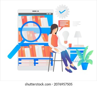 Flat style illustration reading a book in the library