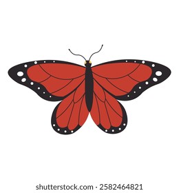 Flat style illustration of a red butterfly with black and white accents, featuring delicate wings and symmetrical patterns, perfect for nature-inspired designs and decorative projects.