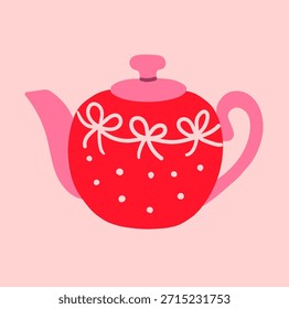 Flat style illustration of red and pink teapot decorated with white bows and dots on a soft pastel background, perfect for Valentine s Day cards, cozy tea party invites, and cute kitchen decor.