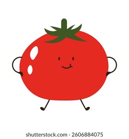 Flat style illustration of a red tomato with happy face, ideal for healthy eating, cooking projects, and vegetable-inspired designs.