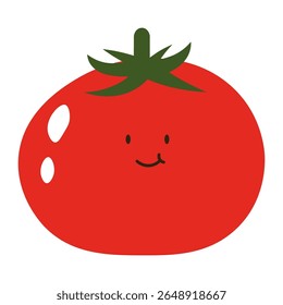 Flat style illustration of a red tomato with smiley face, ideal for healthy eating, cooking projects, and vegetable-inspired designs.