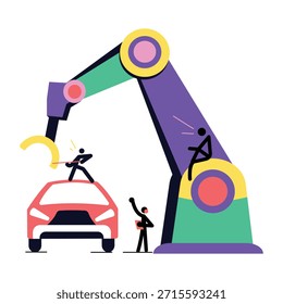 A flat style illustration representing car manufacturing