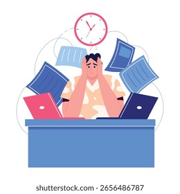 Uma ilustração de estilo plano representando uma pessoa sob pressão de tempo