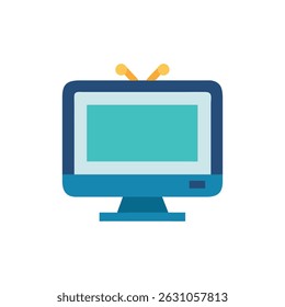Ilustração em estilo plano de uma televisão retrô com antenas. As cores incluem vários tons de azul, azul-petróleo e ouro.