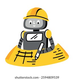 A flat style illustration of robot engineer making a blueprint