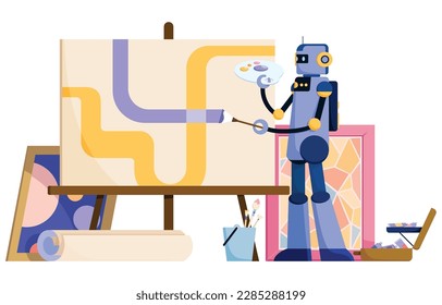 Flat style illustration of robot painting colorful abstract picture on easel. Artificial intelligence image generator concept.