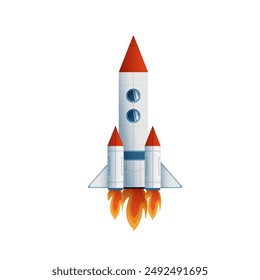 Ilustración plana de un cohete sobre un fondo blanco. Adecuado para libros infantiles, proyectos educativos y materiales publicitarios relacionados con el espacio y la tecnología. Ilustración vectorial