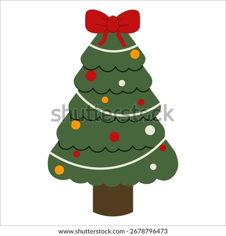 Flat style illustration of a round Christmas tree with colorful ornaments, white garlands, and a red bow on top, ideal for holiday cards, festive decorations, and seasonal designs