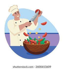 A flat style illustration of salad cutting character