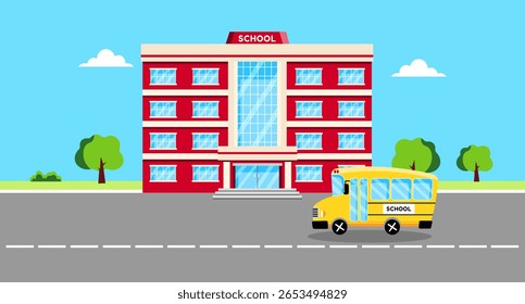 Flat style illustration of a school building with yellow school bus and front yard.