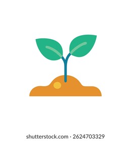 Ilustração em estilo plano de uma muda que emerge da sujeira. Design simples e limpo contra fundo branco.